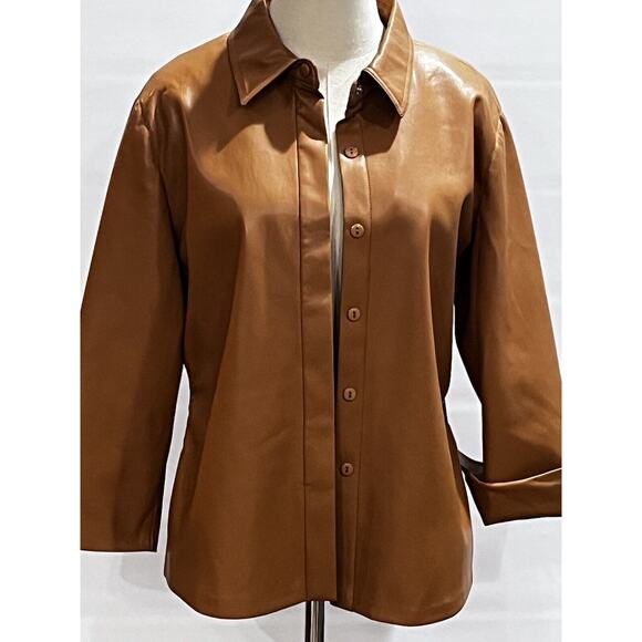 ELIE TAHARI Women's Vegan Leather Brown Caramel Button Down Shirt Jacket Lg New - Picture 3 of 16